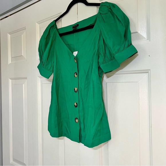 Ann Taylor Puff Sleeve V Neck Blouse Top Kelly Green Button Front Size Small NWT - Picture 2 of 7
